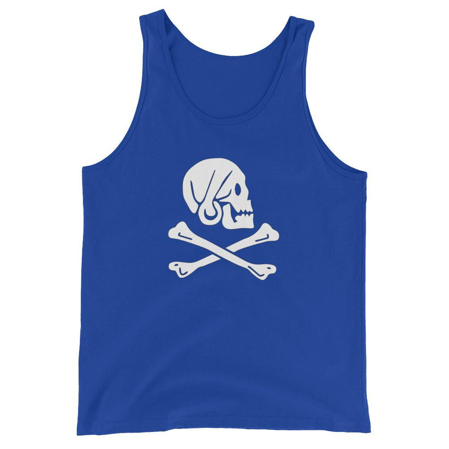 Royal Blue unisex tank top with Henry Every pirate flag which depicts a white skull in profile wearing a kerchief and an earring, above a saltire of two white crossed bones
