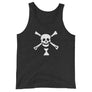 black tank top depicting white pirate flag of Emanuel Wynn, famous French pirate, which is a variant of crossbones motif with an addition of an hourglass which represented that pirate prey's time is up.