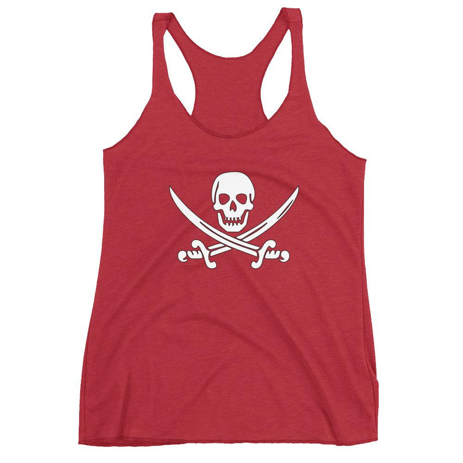 Crimson racerback tank top with Jack Rackham pirate flag represented as a white skull above two crossed swords, which contributed to the popularization of pirates worldwide.