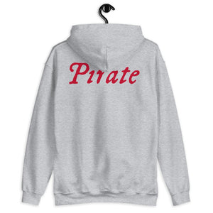 Grey unisex Hoodie with word "Pirate" written horizontally in IM Fell font on the front and back of the hoodie. Lettering is in Red.