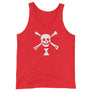 Red tank top depicting white pirate flag of Emanuel Wynn, famous French pirate, which is a variant of crossbones motif with an addition of an hourglass which represented that pirate prey's time is up.