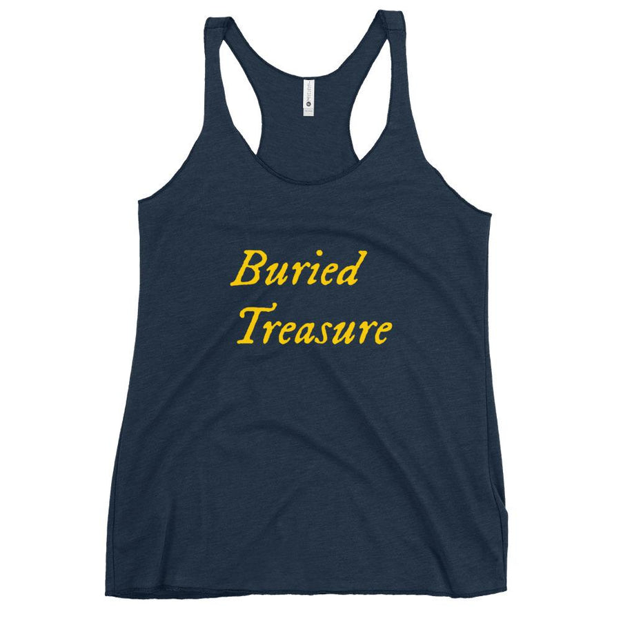 Navy Blue racerback tank top  with wording "Buried Treasure" written on two horizontal rows in IM Fell font on the front. Lettering is in Canary Yellow.