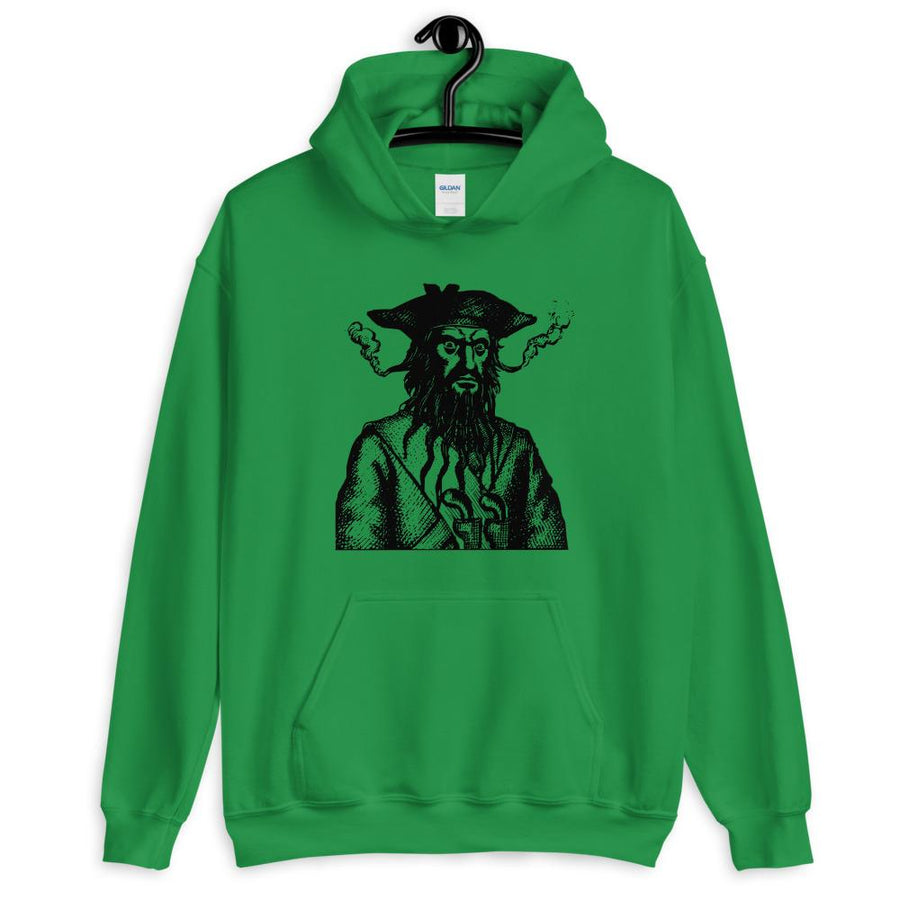 Green Hoodie unisex with a black image of "Blackbeard the Pirate" this was published in Defoe, Daniel; Johnson, Charles (1736 - although Angus Konstam says the image is circa 1726)