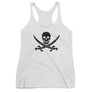 White racerback tank top with black Jack Rackham pirate flag represented as a black skull above two black crossed swords, which contributed to the popularization of pirates worldwide.