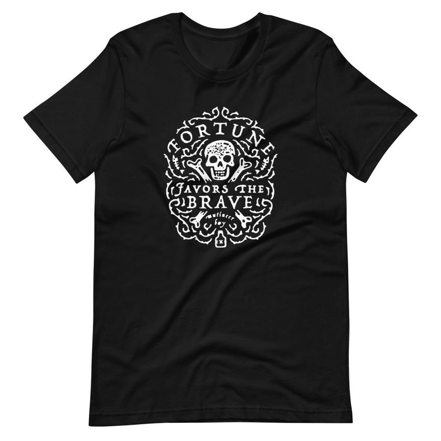 Black short sleeve t-shirt with centered skull and cross bones, with small additional artistic accents, surrounded in a circular pattern with "Fortune Favors the Brave". All lettering and imagining is in White.