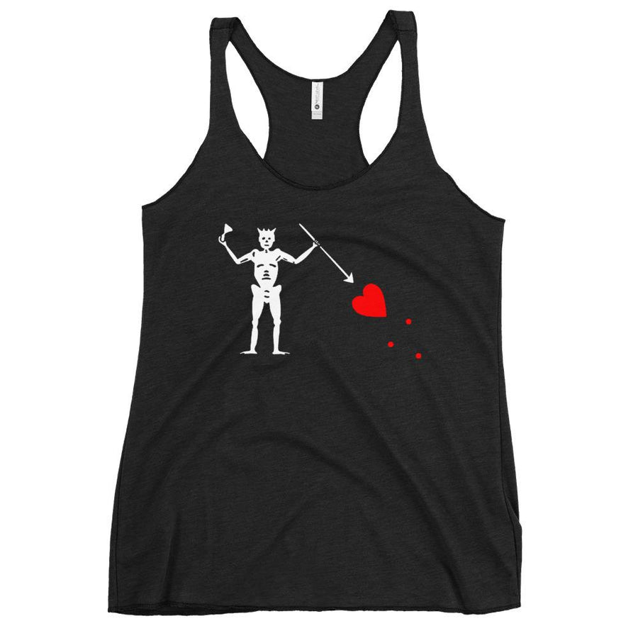 Black racerback tank top with the purported pirate flag of Blackbeard, consisting of a white horned skeleton using a spear to pierce a red bleeding heart, typically attributed to the pirate Edward Teach, better known as Blackbeard.