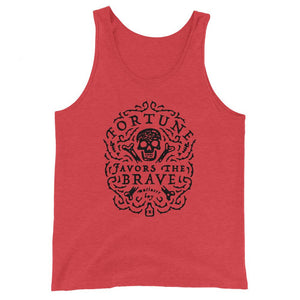 Red unisex tank top with centered skull and cross bones, with small additional artistic accents, surrounded in a circular pattern with "Fortune Favors the Brave". All lettering and imagining is in Black.