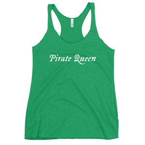 Green racerback tank top with "Pirate Queen" written on one horizontal row in white IM Fell font.