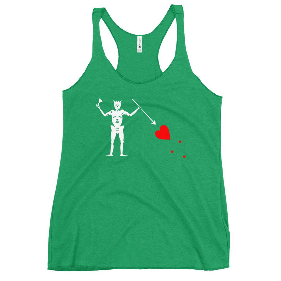 Emerald green racerback tank top with the purported pirate flag of Blackbeard, consisting of a white horned skeleton using a spear to pierce a red bleeding heart, typically attributed to the pirate Edward Teach, better known as Blackbeard.