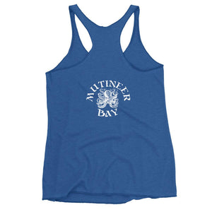 Royal Blue racerback tank top depicting the pirate flag of Stede Bonnet "The Gentleman Pirate" represented as a white skull above a horizontal long bone between a heart and a dagger.