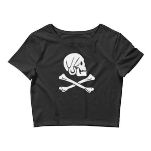 Black crop top with Henry Every pirate flag which depicts a white skull in profile wearing a kerchief and an earring, above a saltire of two white crossed bones.