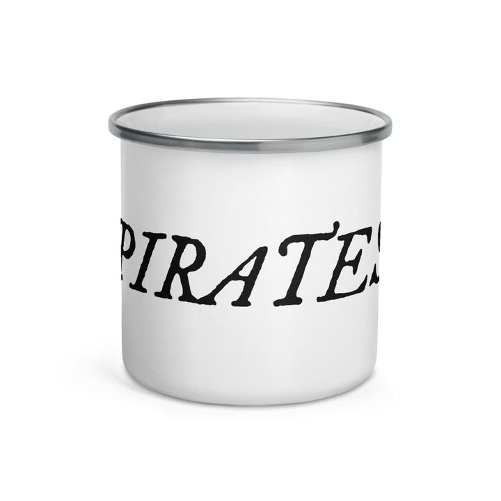 Enamel Mug with "Pirates" written in black lettering in IM Fell font, surrounded by white background.