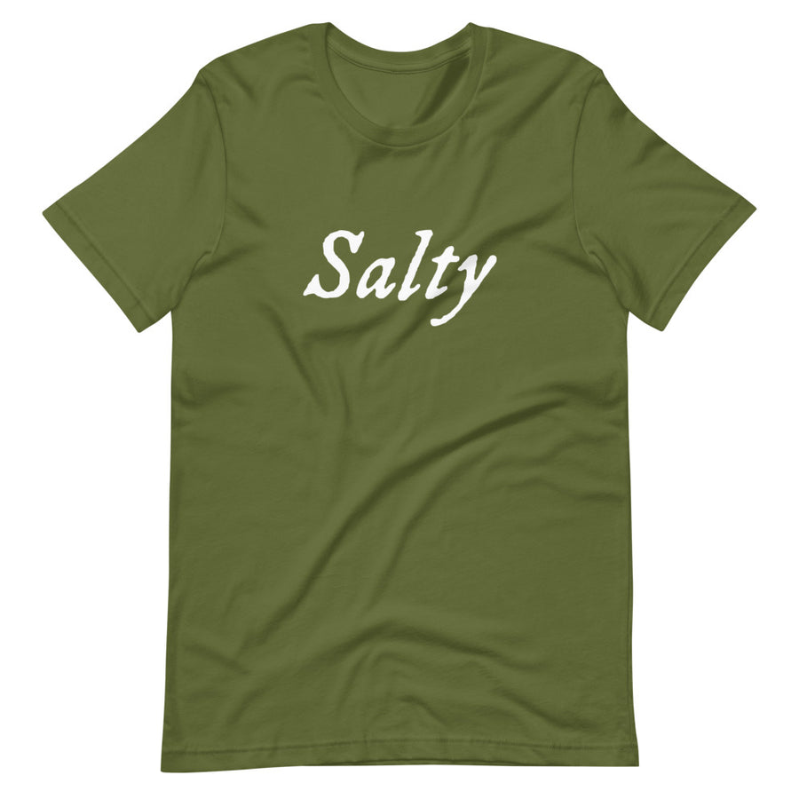 Green Mustard unisex t-shirt with wording "Salty" written on one horizontal row in IM Fell font on the front. Lettering is in White.