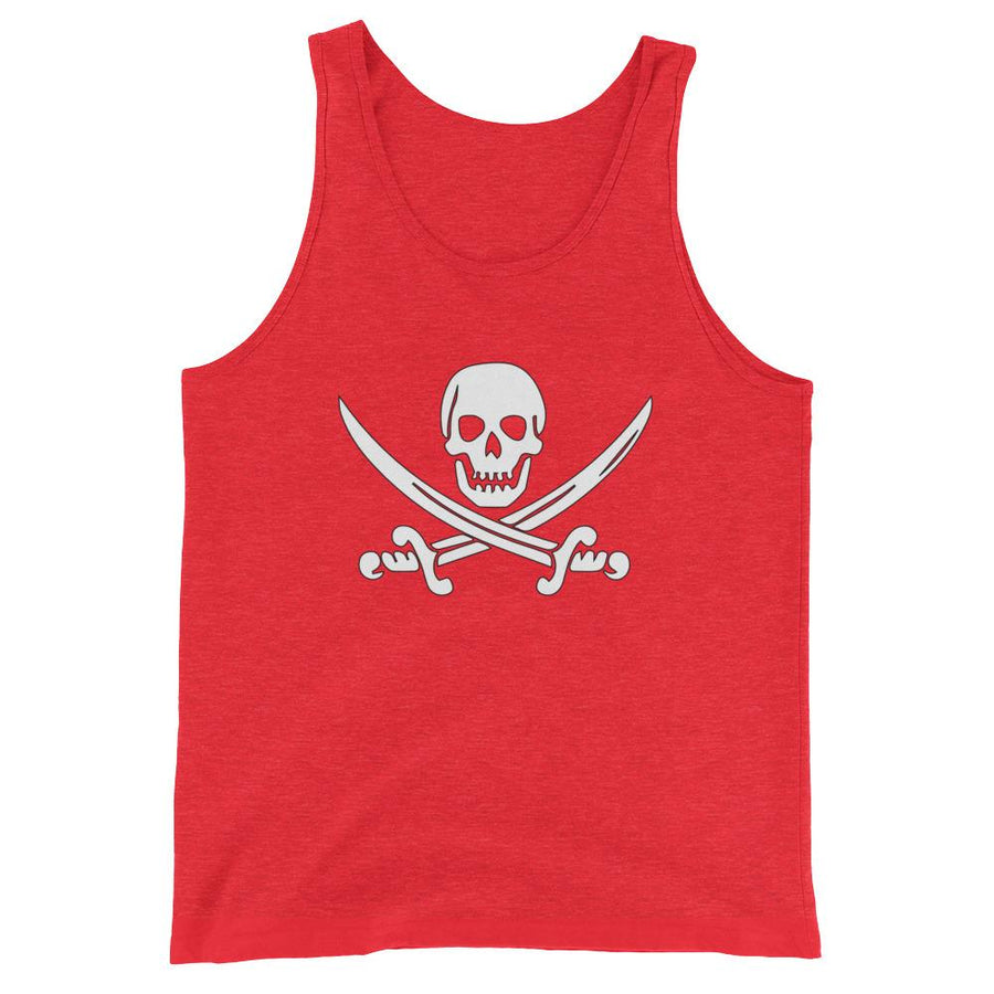 Red unisex tank top with Jack Rackham pirate flag represented as a white skull above two crossed swords, which contributed to the popularization of pirates worldwide.