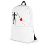 White minimalist backpack with the purported pirate flag of Blackbeard, consisting of a white horned skeleton using a spear to pierce a red bleeding heart, typically attributed to the pirate Edward Teach, better known as Blackbeard.