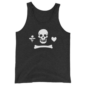 Black unisex tank top depicting the pirate flag of Stede Bonnet "The Gentleman Pirate" represented as a white skull above a horizontal long bone between a heart and a dagger, all on a black field.