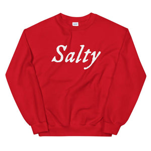 Red unisex sweatshirt with wording "Salty" written on one horizontal row in IM Fell font on the front. Lettering is in White.