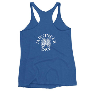 Royal Blue racerback tank top with the purported pirate flag of Blackbeard, consisting of a white horned skeleton using a spear to pierce a red bleeding heart, typically attributed to the pirate Edward Teach, better known as Blackbeard.