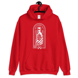 Red unisex hoodie with image of skeleton hands holding up a rum bottle with the "No Rum, No Fun" written in the middle. In small semi circle above the bottle, "Mutineer Bay" is written. All images and lettering is in White.