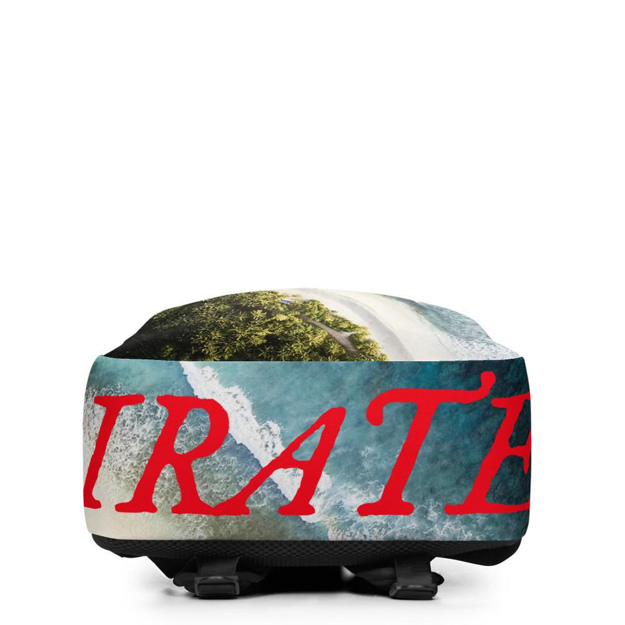 Minimalist Backpack with all over image of shore line in Outer Banks, North Carolina with word "Pirates" written in center in red IM Fell font.