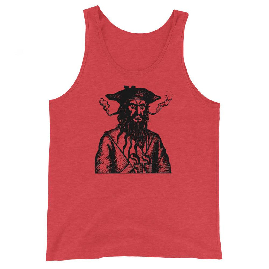 Red unisex Tank Top Red sweatshirt with a black image of "Blackbeard the Pirate" this was published in Defoe, Daniel; Johnson, Charles (1736 - although Angus Konstam says the image is circa 1726)