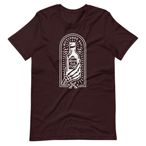 Maroon unisex short sleeve t-shirt with image of skeleton hands holding up a rum bottle with the "No Rum, No Fun" written in the middle. In small semi circle above the bottle, "Mutineer Bay" is written. All images and lettering is in White.