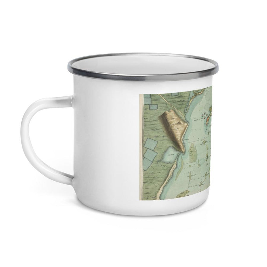 Enamel Mug of Old English chart of Kingston, Jamaica from 1756. Includes historical Port Royal, the Palisadoes, and the Harbour with shoals and soundings at the time.