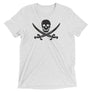 White unisex short sleeve t-shirt with Jack Rackham pirate flag represented as a  black skull above two black crossed swords, which contributed to the popularization of pirates worldwide.