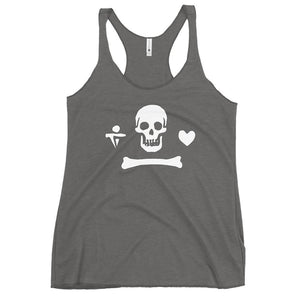 Grey racerback tank top depicting the pirate flag of Stede Bonnet "The Gentleman Pirate" represented as a white skull above a horizontal long bone between a heart and a dagger.