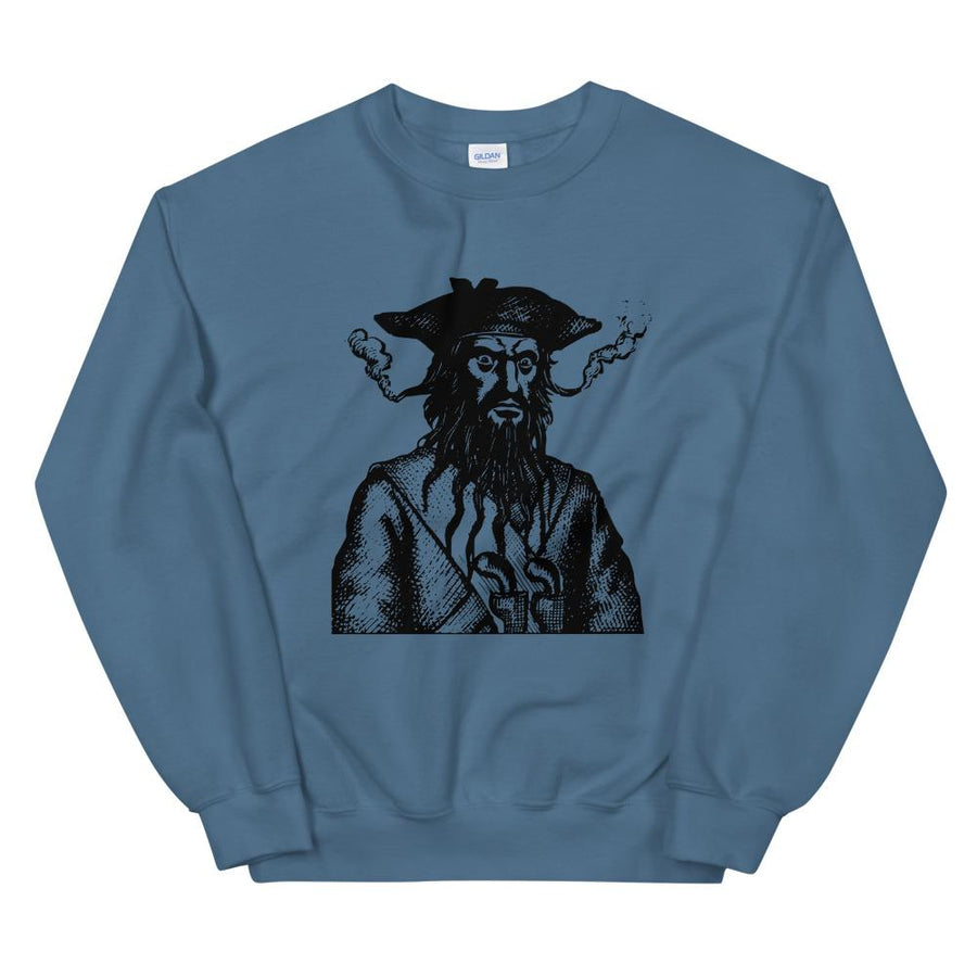 Dark Blue sweatshirt with a black image of "Blackbeard the Pirate" this was published in Defoe, Daniel; Johnson, Charles (1736 - although Angus Konstam says the image is circa 1726)