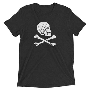 Black unisex short sleeve t-shirt with Henry Every pirate flag which depicts a white skull in profile wearing a kerchief and an earring, above a saltire of two white crossed bones