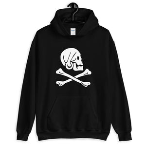 Black unisex hoodie with Henry Every pirate flag which depicts a white skull in profile wearing a kerchief and an earring, above a saltire of two white crossed bones, on a black field.