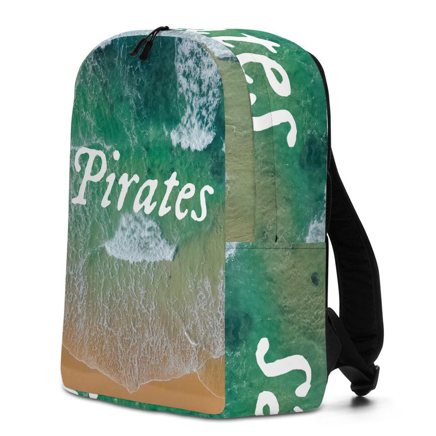 Minimalist Backpack with all over image of shore line in Tortuga with word "Pirates" written in center in white IM Fell font.