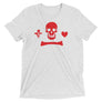 White unisex short sleeve t-shirt depicting the pirate flag of Stede Bonnet "The Gentleman Pirate" represented as a red skull above a red horizontal long bone between red a heart and a red dagger.