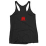 Black racerback tank top depicting red pirate flag of Emanuel Wynn, famous French pirate, which is a variant of crossbones motif with an addition of an hourglass which represented that pirate prey's time is up. Edit