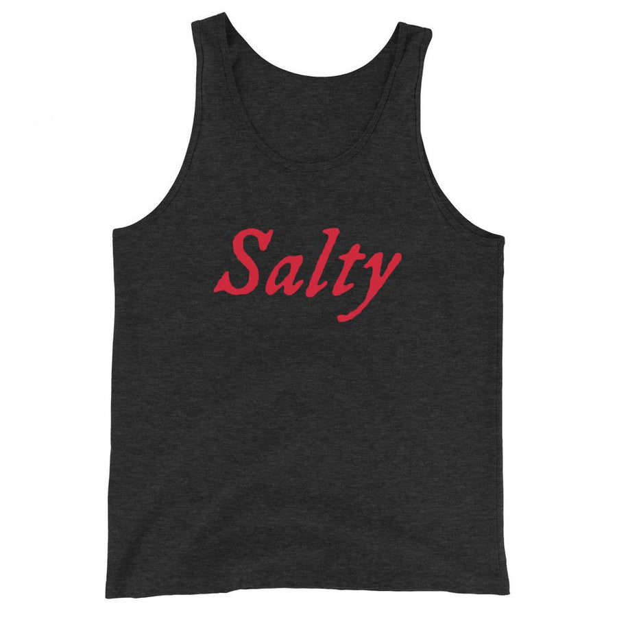 Black unisex tank top with wording "Salty" written on one horizontal row in IM Fell font on the front. Lettering is in Red.