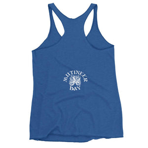 Royal blue racerback tank top with the purported pirate flag of Blackbeard, consisting of a white horned skeleton using a spear to pierce a red bleeding heart, typically attributed to the pirate Edward Teach, better known as Blackbeard.