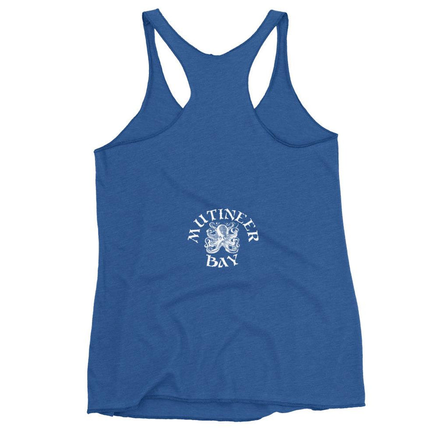 Royal blue racerback tank top with the purported pirate flag of Blackbeard, consisting of a white horned skeleton using a spear to pierce a red bleeding heart, typically attributed to the pirate Edward Teach, better known as Blackbeard.