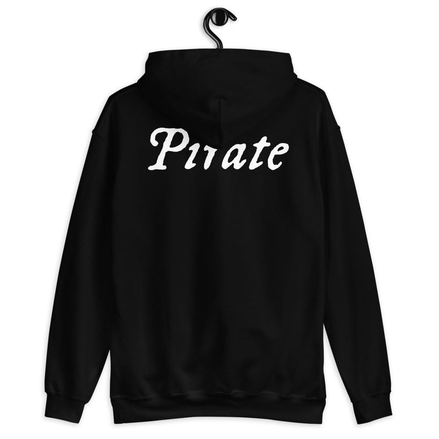 Black unisex Hoodie with word "Pirate" written horizontally in IM Fell font on the front and back of the hoodie. Lettering is in white.