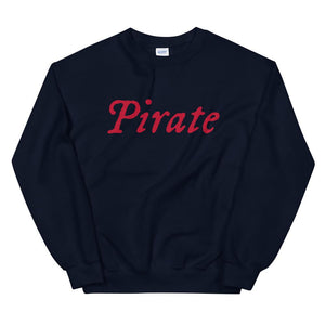 Navy Blue unisex sweatshirt with word "Pirate" written horizontally in IM Fell font on the front of the hoodie. Lettering is in Red.