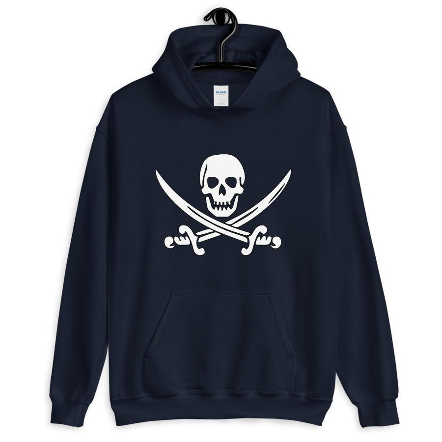 Royal Blue unisex hoodie with Jack Rackham pirate flag represented as a white skull above two crossed swords, which contributed to the popularization of pirates worldwide.