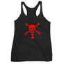 Black racerback tank top depicting red pirate flag of Emanuel Wynn, famous French pirate, which is a variant of crossbones motif with an addition of an hourglass which represented that pirate prey's time is up.