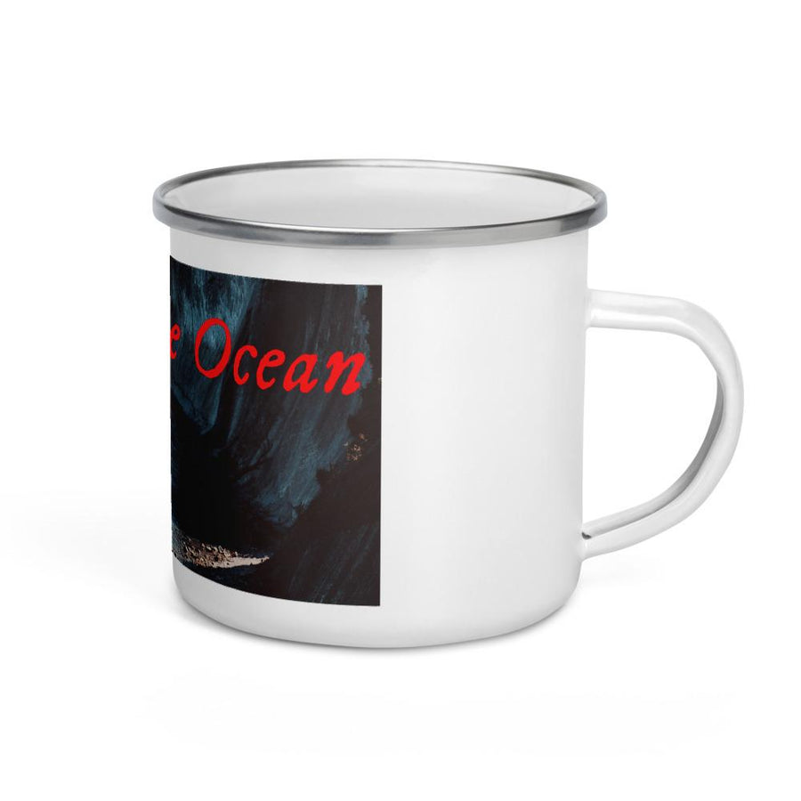 Enamel Mug with photographed image of ocean and clipped shores with "Smell of Ocean" Witten in red lettering.