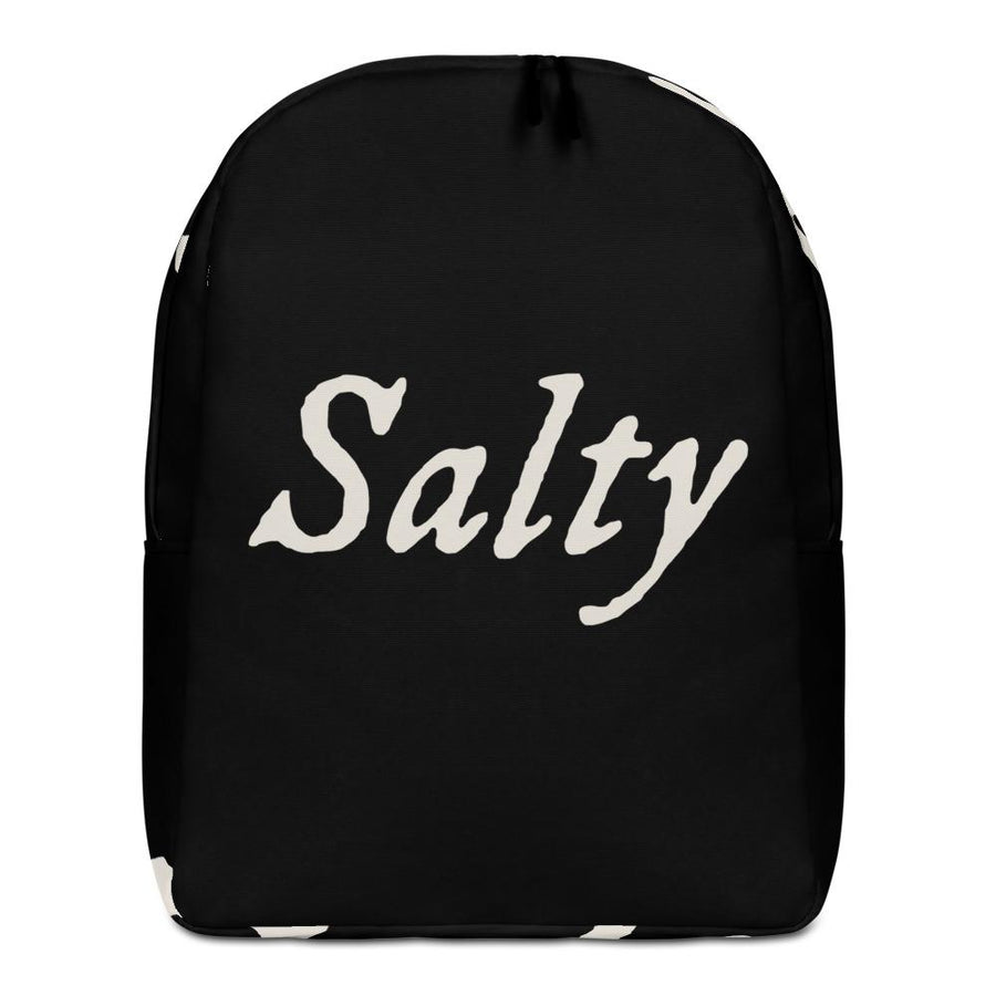 Black minimalist backpack with wording "Salty" written on one horizontal row in IM Fell font on the front. Lettering is in White.