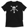 Black short sleeve t-shirt depicting white pirate flag of Emanuel Wynn, famous French pirate, which is a variant of crossbones motif with an addition of an hourglass which represented that pirate prey's time is up.