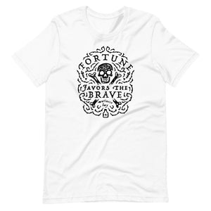 White short sleeve t-shirt with centered skull and cross bones, with small additional artistic accents, surrounded in a circular pattern with "Fortune Favors the Brave". All lettering and imagining is in Black.