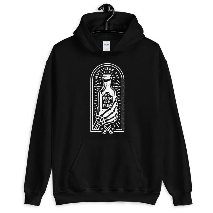 Black unisex hoodie with image of skeleton hands holding up a rum bottle with the "No Rum, No Fun" written in the middle. In small semi circle above the bottle, "Mutineer Bay" is written. All images and lettering is in White.