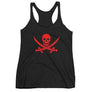 Black racerback tank top with  Jack Rackham pirate flag represented as a red skull above two red crossed swords, which contributed to the popularization of pirates worldwide