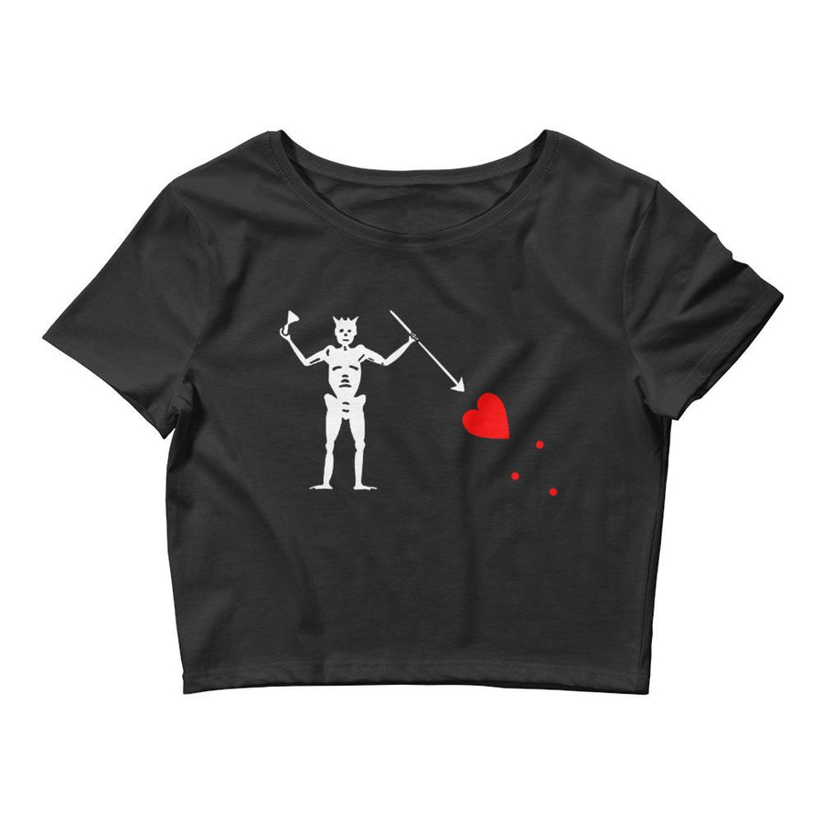 Black crop top with the purported pirate flag of Blackbeard, consisting of a white horned skeleton using a spear to pierce a red bleeding heart, typically attributed to the pirate Edward Teach, better known as Blackbeard.