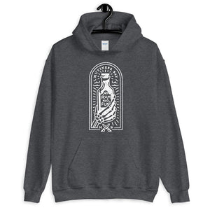 Grey unisex hoodie with image of skeleton hands holding up a rum bottle with the "No Rum, No Fun" written in the middle. In small semi circle above the bottle, "Mutineer Bay" is written. All images and lettering is in White.